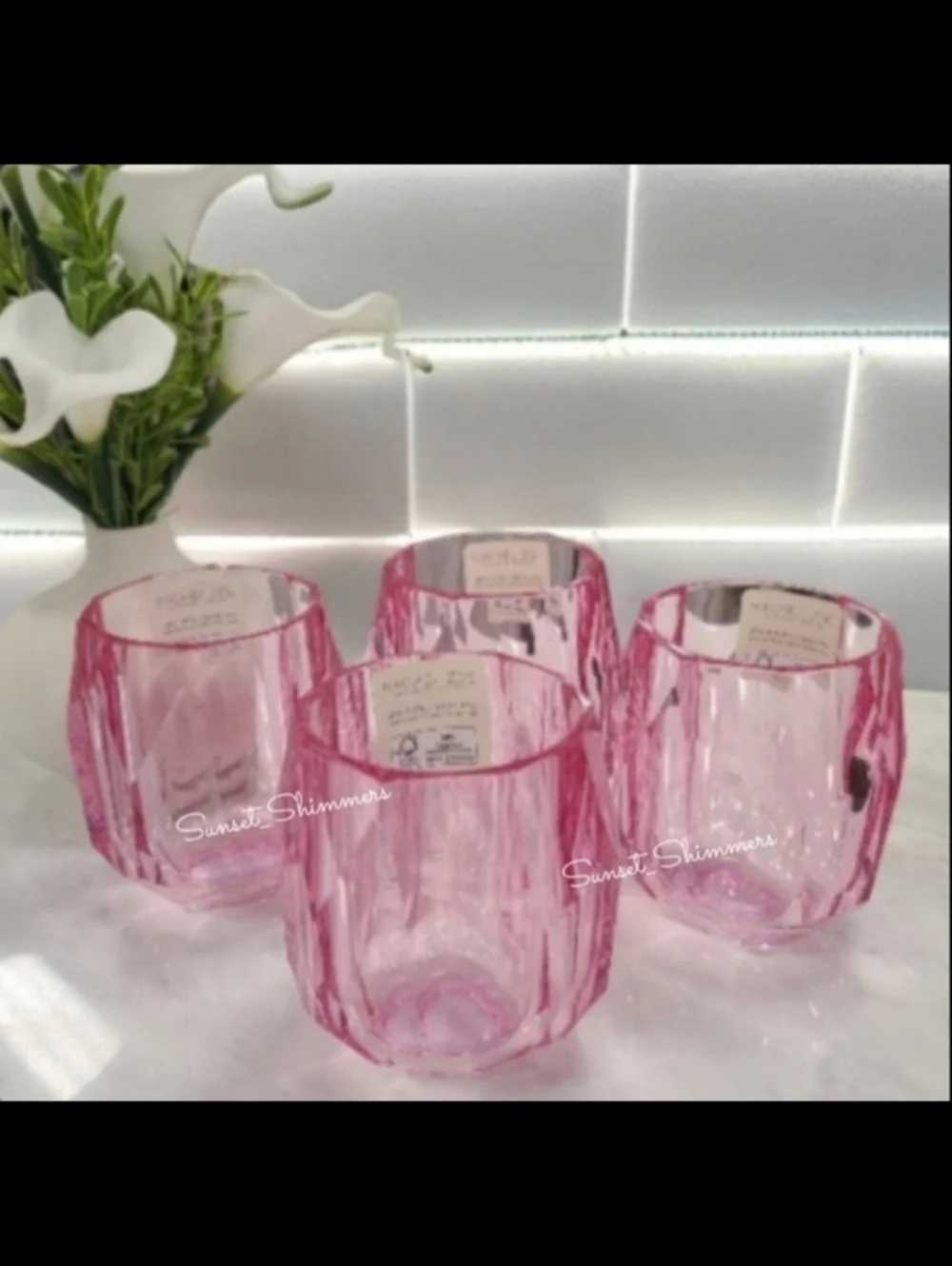 Rachel Zoe 4pc PINK Acrylic Crystal Tumbler Cup Drink Glass Set NEW